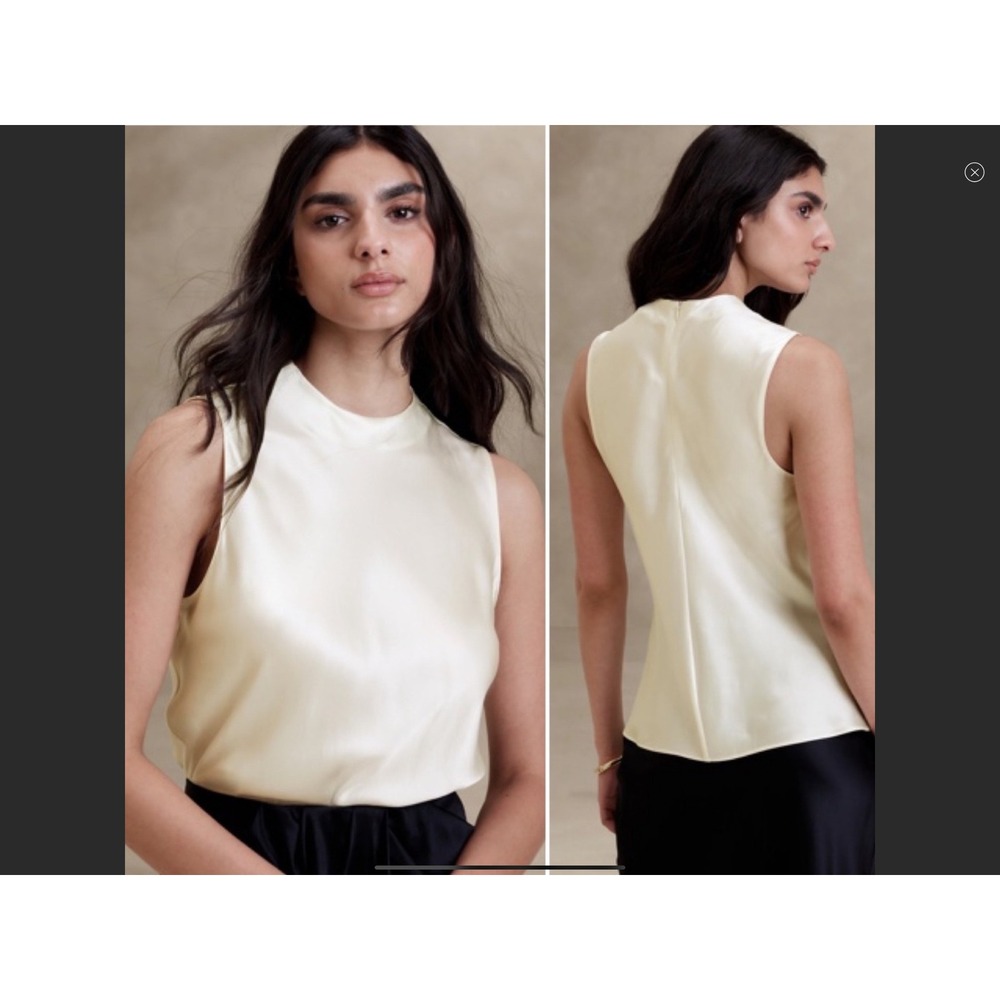 Banana Republic Ivory Satin Sleeveless Mock Neck‎ Zip Up Blouse Top XL NWT